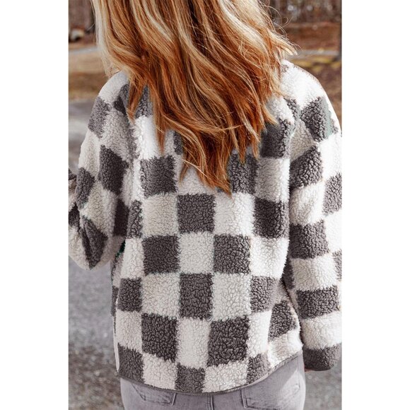 Women Sherpa Fall Jacket Plaid Casual Warm Loose Button Down Coats - Picture 2 of 3